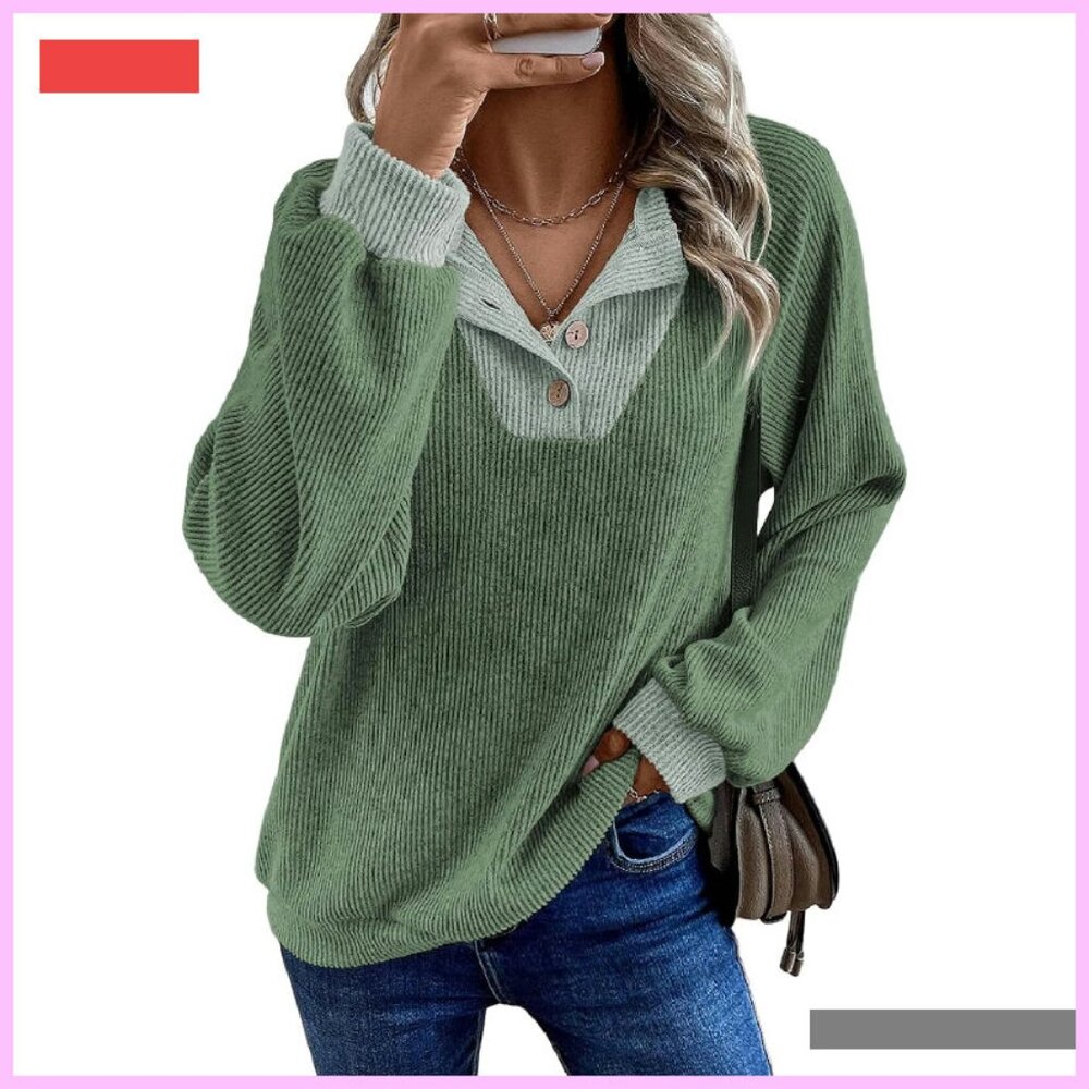 Long Sleeve Patchwork Button Up V Neck Sweatshirt Pullover Top